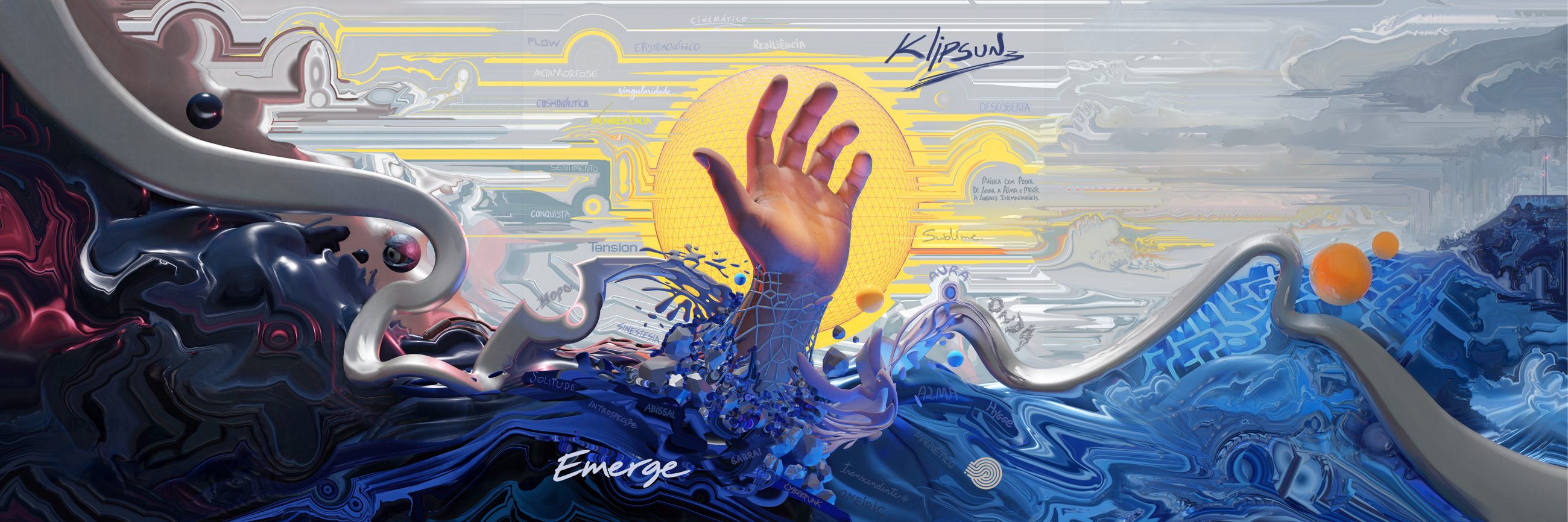EMERGE album artwork by Fetex — a hand rising from the sea toward a yellow sun